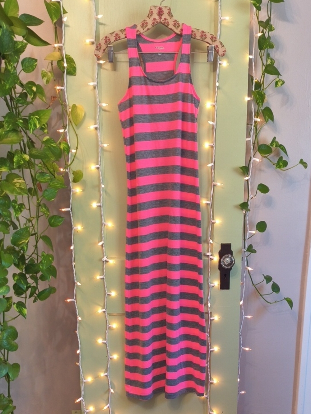 Women's Carnival Fashion Grey Neon Pink Striped Racerback Tank T-shirt Dress S